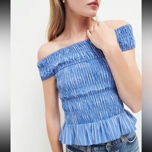 NWOT Reformation Blue & White Striped Smocked Off-The-Shoulder Top XS